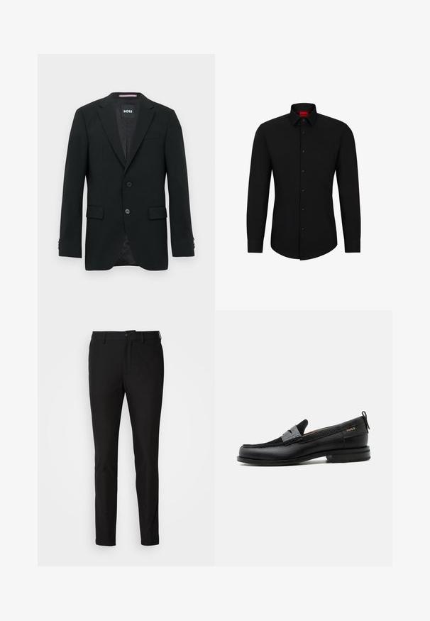 Blazer noir ajusté avec deux boutons, cols crantés et poches à rabat. Intérieur doublé avec un motif texturé subtile. Étiquette de la marque : BOSS.; Chemise noire à manches longues avec un devant boutonné, col classique et ourlet arrondi ; comporte des boutons noirs et un logo rouge à l'intérieur du col.; Pantalon noir ajusté, avec une fermeture à bouton, une braguette zippée et deux poches avant. Tissu lisse avec un fini mat.; Mocassin en cuir noir avec détail de bride grise, talon bas et semelle texturée, marqué "HUGO" en or sur le côté.