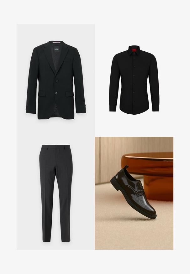 Blazer noir ajusté avec deux boutons, cols crantés et poches à rabat. Intérieur doublé avec un motif texturé subtile. Étiquette de la marque : BOSS.; Chemise noire à manches longues avec un devant boutonné, col classique et ourlet arrondi ; comporte des boutons noirs et un logo rouge à l'intérieur du col.; Pantalons tailleur gris foncé avec une texture lisse, coupe slim, devant plat et passants de ceinture, conçus pour une tenue formelle ou professionnelle.; Chaussure habillée noire brillante en cuir à lacets flottant au-dessus d'un tapis beige avec une table ronde marron brillante en arrière-plan.