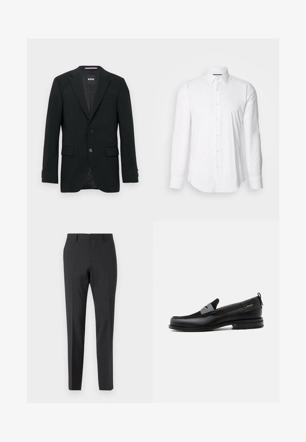 Blazer negro a medida con dos botones, solapas con muesca y bolsillos con solapa. Interior forrado con un sutil patrón texturizado. Etiqueta de la marca: BOSS.; Camisa blanca de manga larga hecha de tejido suave, con un cuello clásico y diseño de botones en la parte delantera, con un dobladillo curved. Los botones tienen un acabado ligeramente brillante.; Pantalones tailored en gris oscuro con una textura suave, de corte ajustado, frente plano y pasadores para cinturón, diseñados para atuendos formales o de negocios.; Mocasín de cuero negro con detalle de tira gris, tacón bajo y suela texturizada, con la marca "HUGO" en oro en el lateral.