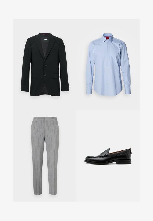 Schwarzer maßgeschneiderter Blazer mit zwei Knöpfen, Revers mit Kerbkragen und Pattentaschen. Gefüttertes Innenfutter mit einem dezenten Strukturmuster. Markenlabel: BOSS.; Hellblaues Langarmhemd aus Baumwolle. Mit einem Button-Down-Kragen, Knöpfen vorne und einem geraden Saum. HUGO-Label innen am Kragen.; Graue Nadelstreifenhose mit tailliertem Schnitt, flacher Front und Seitentaschen. Hergestellt aus einem glatten Stoff mit einem dezenten Glanz.; Schwarzer Leder-Herrenschuh mit Mokassinnaht, Penny-Riemen, strukturiertem Kragen und niedrigem gestapeltem Absatz auf weißem Hintergrund.