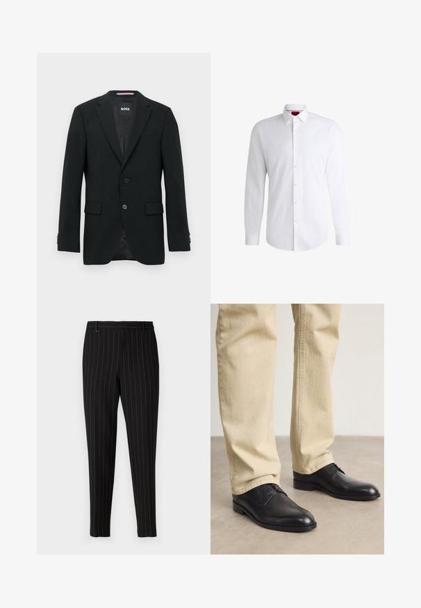 Blazer negro a medida con dos botones, solapas con muesca y bolsillos con solapa. Interior forrado con un sutil patrón texturizado. Etiqueta de la marca: BOSS.; Camisa blanca de botones, confeccionada en tela suave, con collar clásico, mangas largas y dobladillo curvado. Presenta botones beige en la parte delantera.; Pantalones negros con finas rayas verticales, ajuste entallado, bolsillos frontales y trabillas para cinturón. Hechos de una tela suave y texturizada.; Zapatos de cuero negro con cordones, puntera redondeada, acabado suave y sutiles detalles de costura, combinados con pantalones de color beige claro.