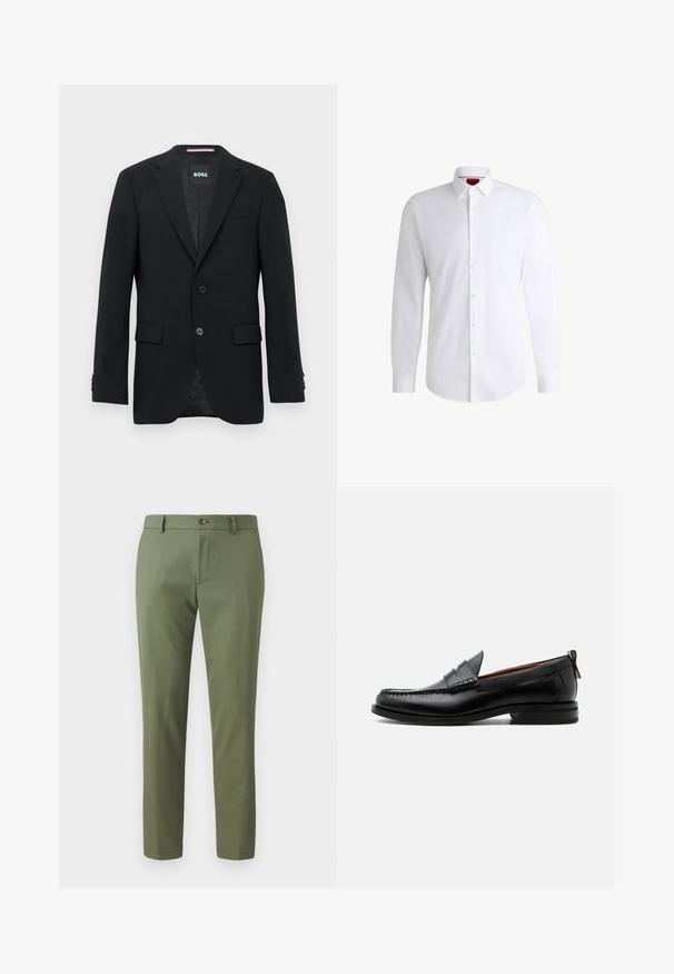 Schwarzer maßgeschneiderter Blazer mit zwei Knöpfen, Revers mit Kerbkragen und Pattentaschen. Gefüttertes Innenfutter mit einem dezenten Strukturmuster. Markenlabel: BOSS.; Weißes Herrenhemd aus glattem Stoff mit klassischem Kragen, langen Ärmeln und abgerundetem Saum. Mit eleganten beigen Knöpfen an der Vorderseite.; Grüne Hosen aus strukturiertem Stoff, mit schmalem Schnitt, geraden Beinen und einem Frontknopfverschluss. Geeignet für Freizeit- oder formelle Anlässe.; Schwarzer Leder-Herrenschuh mit Mokassinnaht, Penny-Riemen, strukturiertem Kragen und niedrigem gestapeltem Absatz auf weißem Hintergrund.