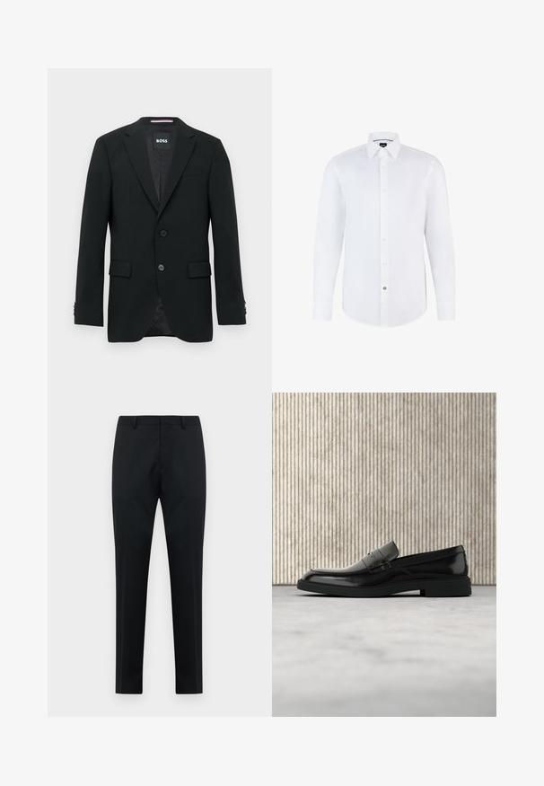 Blazer negro a medida con dos botones, solapas con muesca y bolsillos con solapa. Interior forrado con un sutil patrón texturizado. Etiqueta de la marca: BOSS.; Camisa blanca de manga larga hecha de una tela suave, con cierre de botones en la parte delantera, cuello puntiagudo y dobladillo curvado. Acento notable de botón de marca.; Pantalones formales de hombre negros, ajustados, con presillas para cinturón, frente plano y piernas rectas sobre un fondo blanco.; Zapato loafer de cuero negro pulido flotando sobre una alfombra beige con muebles translúcidos naranjas de fondo.