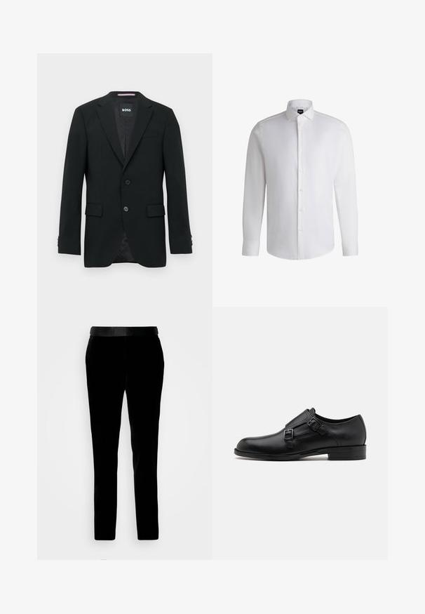 Schwarzer maßgeschneiderter Blazer mit zwei Knöpfen, Revers mit Kerbkragen und Pattentaschen. Gefüttertes Innenfutter mit einem dezenten Strukturmuster. Markenlabel: BOSS.; Weißes Langarmhemd aus glattem Baumwollstoff, mit klassischem Kragen, durchgehender Knopfleiste und geknöpften Manschetten. Minimalistisches Design.; Schwarze Samthosen mit tailliertem Schnitt, glatter Textur und passendem Bund. Verfügt über gerade Beine und Seitentaschen.; Schwarze Leder- Schnürschuhe mit doppelten Schnallen, schlanker Silhouette und runder Zehenpartie. Sie verfügen über einen niedrigen Absatz und eine glatte Textur.