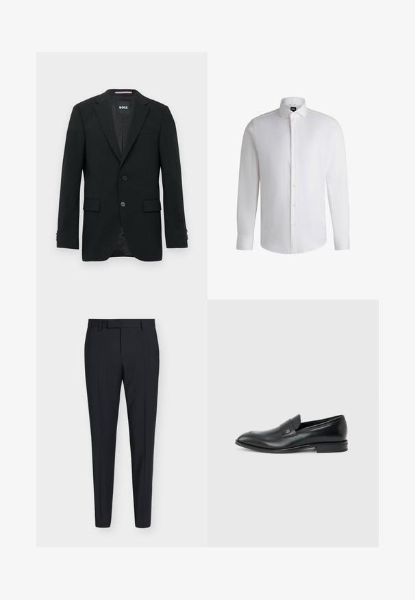 Blazer noir ajusté avec deux boutons, cols crantés et poches à rabat. Intérieur doublé avec un motif texturé subtile. Étiquette de la marque : BOSS.; Chemise blanche à manches longues en coton lisse, dotée d'un col classique, d'une patte de boutonnage complète et de poignets à bouton. Design minimaliste.; Pantalon formel noir slim fit avec passants de ceinture, fermeture éclair à l'avant et plis marqués, présenté sur un fond clair uni.; Mocassin pour hommes en cuir noir avec talon bas, bout arrondi et petit logo métallique sur la bride, présenté en profil latéral sur un fond uni.