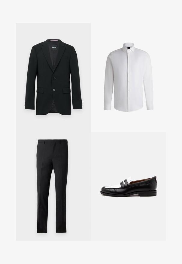 Blazer negro a medida con dos botones, solapas con muesca y bolsillos con solapa. Interior forrado con un sutil patrón texturizado. Etiqueta de la marca: BOSS.; Camisa blanca de manga larga hecha de algodón suave, con un cuello clásico, botonera completa y puños abotonados. Diseño minimalista.; Pantalones negros con un corte ajustado, que presentan un frente plano, dos pliegues, pasadores para cinturón y una textura suave. Sin patrones ni accesorios visibles.; Mocasín de cuero blanco y negro con detalles cosidos, tacón bajo y diseño tipo slip-on, mostrado de lado sobre un fondo liso.