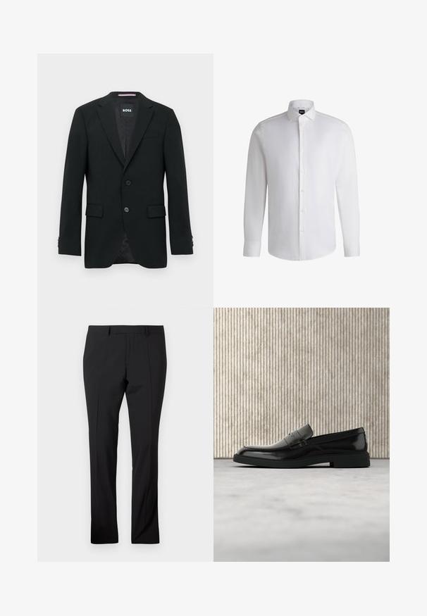 Schwarzer maßgeschneiderter Blazer mit zwei Knöpfen, Revers mit Kerbkragen und Pattentaschen. Gefüttertes Innenfutter mit einem dezenten Strukturmuster. Markenlabel: BOSS.; Weißes Langarmhemd aus glattem Baumwollstoff, mit klassischem Kragen, durchgehender Knopfleiste und geknöpften Manschetten. Minimalistisches Design.; Schwarze maßgeschneiderte Hose mit Gürtelschlaufen, vorderer Bügelfalte und geradem Beinaufschnitt auf einem schlichten weißen Hintergrund.; Schwarzer, polierter Lederloafer, der über einem beigen Teppich schwebt, mit orangener, durchscheinender Möbel im Hintergrund.