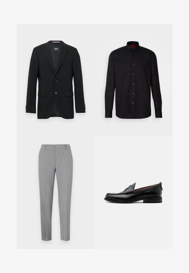 Blazer negro a medida con dos botones, solapas con muesca y bolsillos con solapa. Interior forrado con un sutil patrón texturizado. Etiqueta de la marca: BOSS.; Camisa negra de manga larga hecha de una tela suave, con un cuello clásico con tapa, cierre frontal de botones y un ajuste entallado.; Pantalones a rayas grises con un ajuste entallado, frente plano y bolsillos laterales. Fabricados con una tela suave y un brillo sutil.; Mocasín de hombre de piel negra con costura moc toe, tira penny, cuello texturizado y tacón bajo apilado sobre fondo blanco.