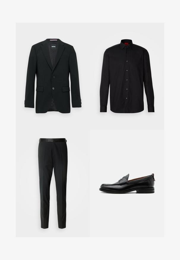 Blazer noir ajusté avec deux boutons, cols crantés et poches à rabat. Intérieur doublé avec un motif texturé subtile. Étiquette de la marque : BOSS.; Chemise noire à manches longues en tissu lisse, avec un col classique, un fermeture à boutons à l'avant et une coupe ajustée.; Pantalon noir sur mesure avec une texture lisse, doté d'un devant plat, de plis subtils et d'une fine ceinture noire.; Mocassin homme en cuir noir avec couture moc toe, bride penny, col texturé et petit talon empilé sur fond blanc.