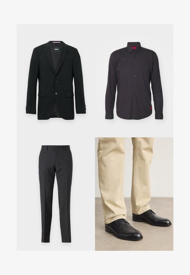 Blazer noir ajusté avec deux boutons, cols crantés et poches à rabat. Intérieur doublé avec un motif texturé subtile. Étiquette de la marque : BOSS.; Chemise noire à manches longues en coton, dotée d'un col pointu, d'une fermeture à boutons et d'un accent rouge à l'intérieur du col. Tissu texturé sans motifs.; Pantalons taillés gris foncé avec une coupe droite, dotés de poches latérales et d'une texture subtile. Les fermetures comprennent une fermeture éclair et des passants de ceinture.; Chaussures noires en cuir à lacets avec un bout arrondi, finition lisse et détails de couture subtils, portées avec un pantalon beige clair.