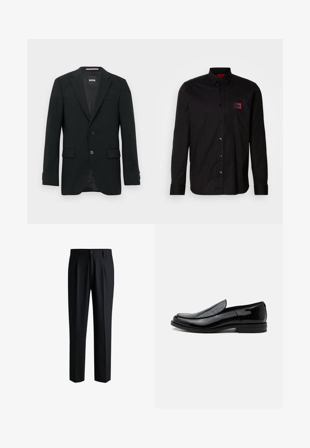 Blazer noir ajusté avec deux boutons, cols crantés et poches à rabat. Intérieur doublé avec un motif texturé subtile. Étiquette de la marque : BOSS.; Chemise noire à manches longues en tissu lisse, dotée d'une fermeture à boutons, d'un col classique et d'un petit patch de marque rouge sur la poitrine.; Pantalons noirs en tissu lisse, avec une coupe droite, des plis à l'avant et une fermeture à bouton avec passants de ceinture.; Chaussure de ville noire en cuir brillant à enfiler, avec talon bas et bout arrondi, vue de côté sur fond blanc uni.