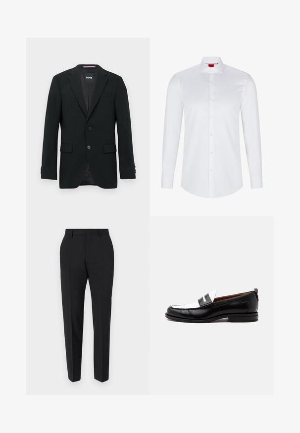 Blazer negro a medida con dos botones, solapas con muesca y bolsillos con solapa. Interior forrado con un sutil patrón texturizado. Etiqueta de la marca: BOSS.; Camisa blanca de manga larga con botones, hecha de algodón suave. Presenta un cuello clásico, una botonera completa y un dobladillo redondeado.; Pantalones negros con un diseño a medida, con frente plano, detalles de pliegue y un corte ajustado. Fabricados con una tela suave para un aspecto refinado.; Mocasín de cuero blanco y negro con detalles cosidos, tacón bajo y diseño tipo slip-on, mostrado de lado sobre un fondo liso.