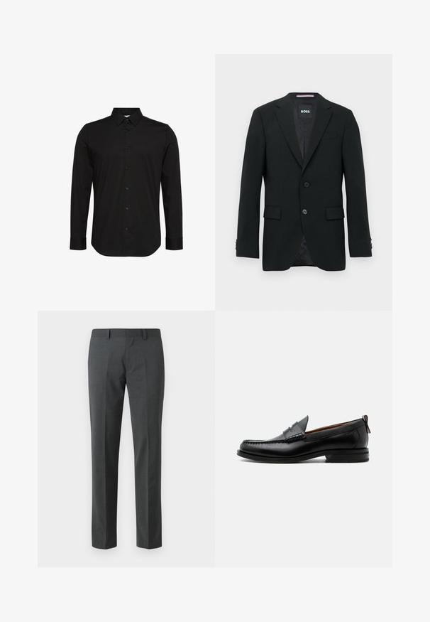 Blazer negro a medida con dos botones, solapas con muesca y bolsillos con solapa. Interior forrado con un sutil patrón texturizado. Etiqueta de la marca: BOSS.; Camisa negra de manga larga hecha de tela suave, con un cuello puntiagudo, cierre frontal con botones y un pequeño logo en el pecho.; Pantalones ajustados de color gris oscuro fabricados en un textil suave. Presentan perneras rectas, un frente plano y pasadores para cinturón. Sin patrones ni acentos visibles.; Mocasín de hombre de piel negra con costura moc toe, tira penny, cuello texturizado y tacón bajo apilado sobre fondo blanco.