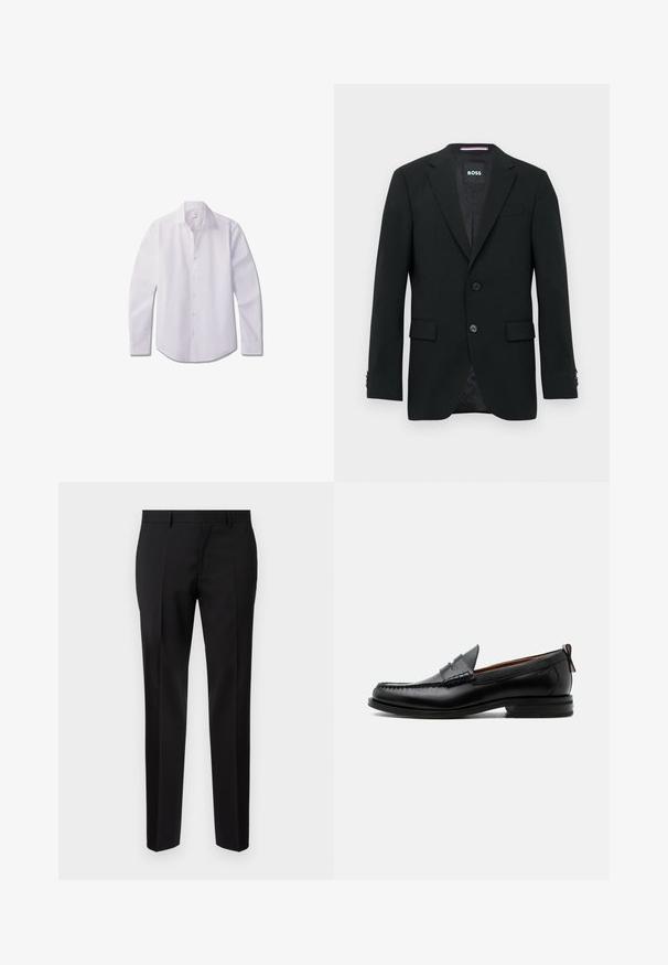 Blazer noir ajusté avec deux boutons, cols crantés et poches à rabat. Intérieur doublé avec un motif texturé subtile. Étiquette de la marque : BOSS.; Chemise blanche à manches longues avec boutons, en tissu lisse, dotée d'un col classique, d'une patte de boutonnage avant et d'un ourlet arrondi.; Pantalons noirs ajustés en tissu lisse, présentant une jambe droite, des détails de pli raffinés et une taille classique avec passants de ceinture.; Mocassin homme en cuir noir avec couture moc toe, bride penny, col texturé et petit talon empilé sur fond blanc.