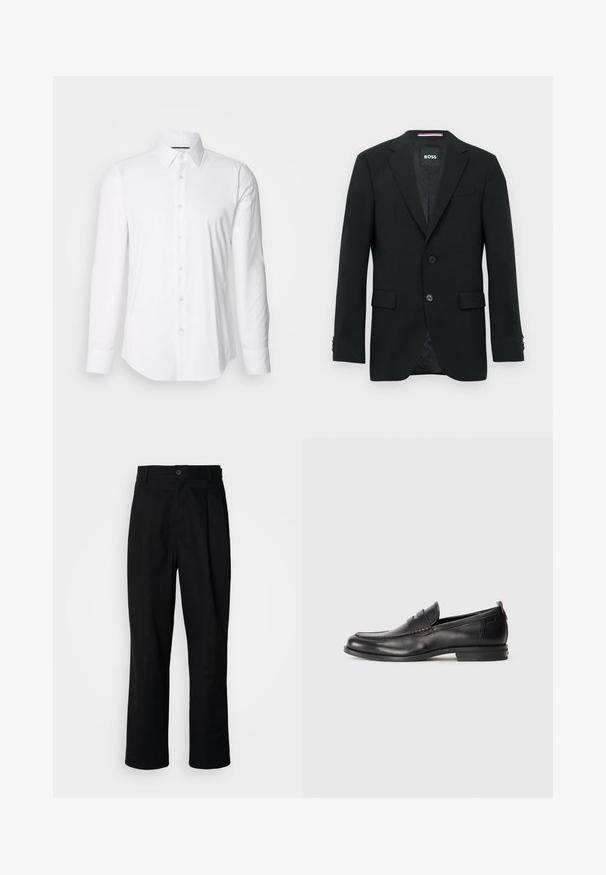 Schwarzer maßgeschneiderter Blazer mit zwei Knöpfen, Revers mit Kerbkragen und Pattentaschen. Gefüttertes Innenfutter mit einem dezenten Strukturmuster. Markenlabel: BOSS.; Weißes Langarmhemd aus glattem Stoff mit klassischem Kragen und durchgehender Knopfleiste, das einen abgerundeten Saum hat. Die Knöpfe sind dezent glänzend.; Schwarze gerade geschnittene Hosen mit einem Knopfverschluss, Gürtelschlaufen und Vorderfalten, vor einem schlichten weißen Hintergrund präsentiert.; Schwarze Lederloafers mit runder Zehenpartie, genähten Details und einem kleinen roten Akzent an der Ferse. Flache Gummisohle.