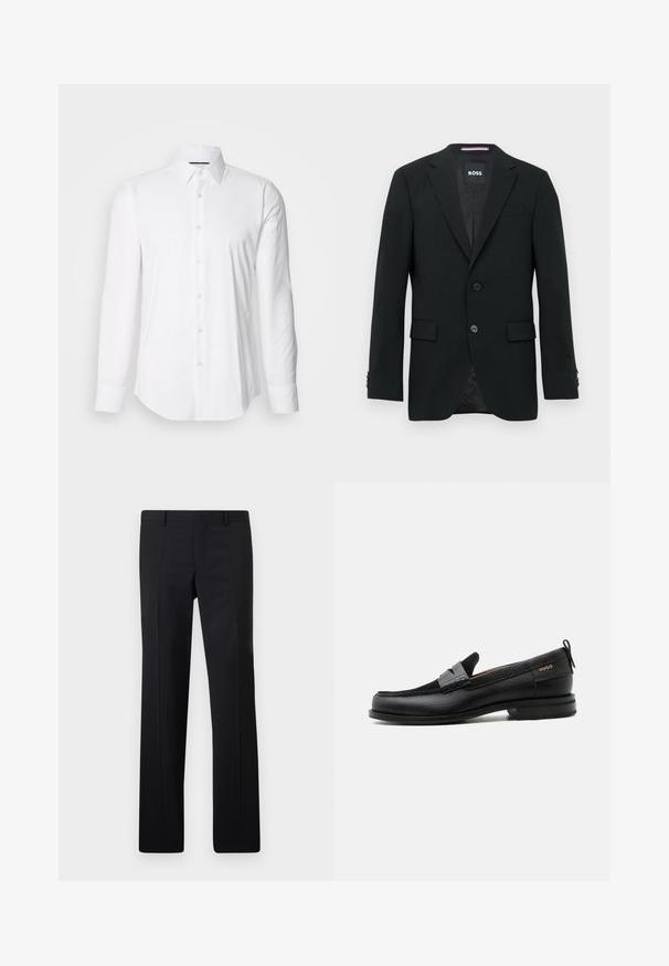 Blazer negro a medida con dos botones, solapas con muesca y bolsillos con solapa. Interior forrado con un sutil patrón texturizado. Etiqueta de la marca: BOSS.; Camisa blanca de manga larga hecha de tejido suave, con un cuello clásico y diseño de botones en la parte delantera, con un dobladillo curved. Los botones tienen un acabado ligeramente brillante.; Pantalones negros ajustados con un diseño de pierna recta, pliegues marcados y un acabado suave. Fabricados en tejido ligero con una cintura limpia.; Mocasín de cuero negro con detalle de tira gris, tacón bajo y suela texturizada, con la marca "HUGO" en oro en el lateral.