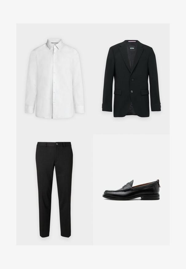 Blazer negro a medida con dos botones, solapas con muesca y bolsillos con solapa. Interior forrado con un sutil patrón texturizado. Etiqueta de la marca: BOSS.; Camisa blanca de vestir de manga larga con cuello abierto y puños abotonados, mostrada de frente sobre un fondo liso gris claro.; Pantalones negros fabricados con una tela suave. Tienen un corte recto, un frente plano y un cierre de botón con un diseño sencillo en la cintura.; Mocasín de hombre de piel negra con costura moc toe, tira penny, cuello texturizado y tacón bajo apilado sobre fondo blanco.