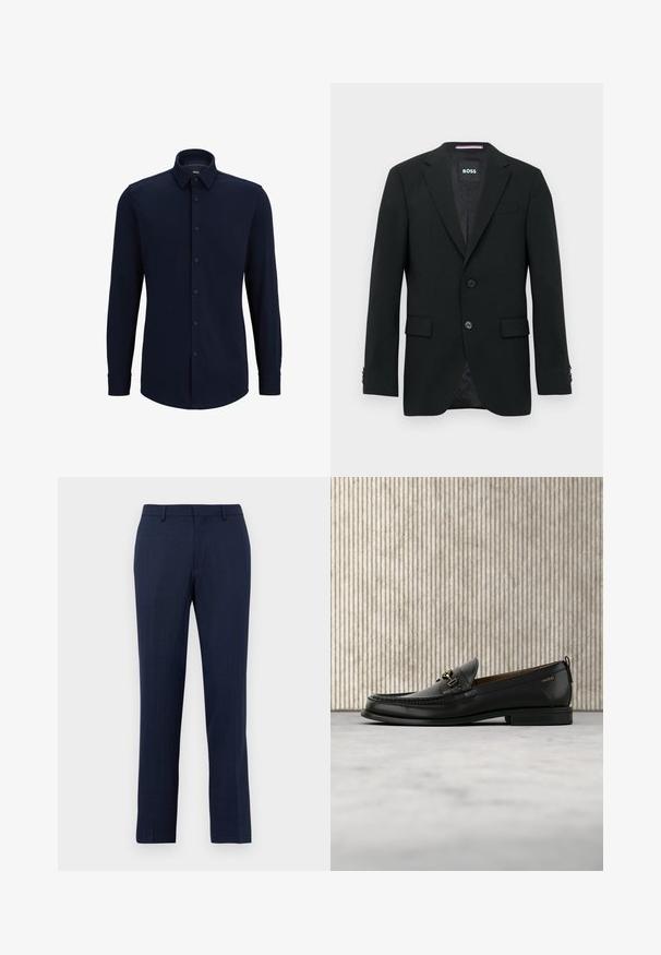 Zwarte op maat gemaakte blazer met twee knopen, ingesneden revers en klepzakken. Gevoerd interieur met een subtiel textuurpatroon. Merklip: BOSS.; Marineblauwe langemouwen overhemd met knopen, gemaakt van geweven stof, met een klassieke kraag, rechte snit en een voorste knoopsluiting.; Marineblauwe op maat gemaakte broek met riemlussen, vooraan ritssluiting en rechtlopende pasvorm tegen een effen witte achtergrond.; Zwarte leren loafer met gouden metalen gesp en "HUGO" branding, weergegeven tegen een beige tapijt en bruin doorschijnend meubilair.