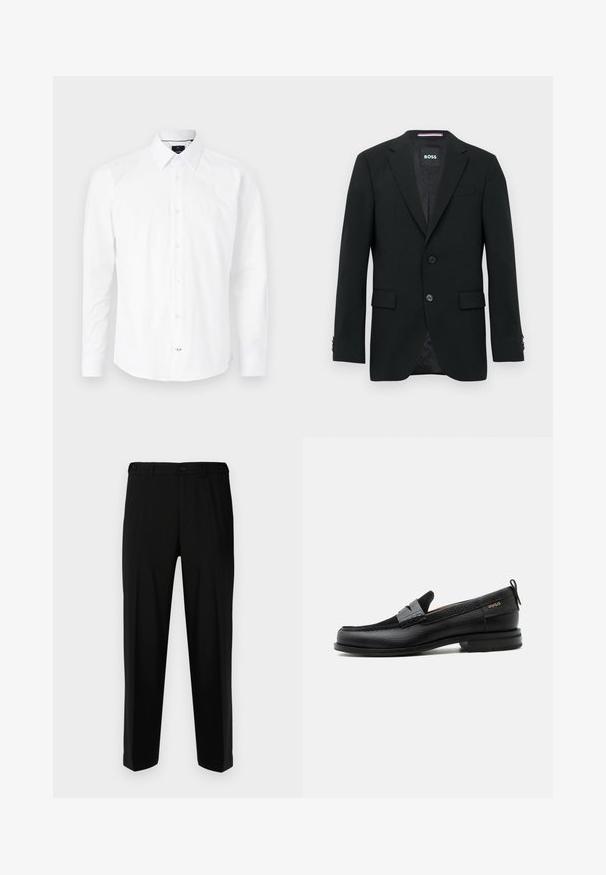 Blazer noir ajusté avec deux boutons, cols crantés et poches à rabat. Intérieur doublé avec un motif texturé subtile. Étiquette de la marque : BOSS.; Chemise blanche à manches longues en coton. Présente un col boutonné, une fermeture à boutons à l'avant avec des boutons roses, et un ourlet arrondi.; Pantalon noir en tissu lisse, présentant une coupe droite, deux poches avant et une fermeture à glissière avec bouton.; Mocassin en cuir noir avec détail de bride grise, talon bas et semelle texturée, marqué "HUGO" en or sur le côté.