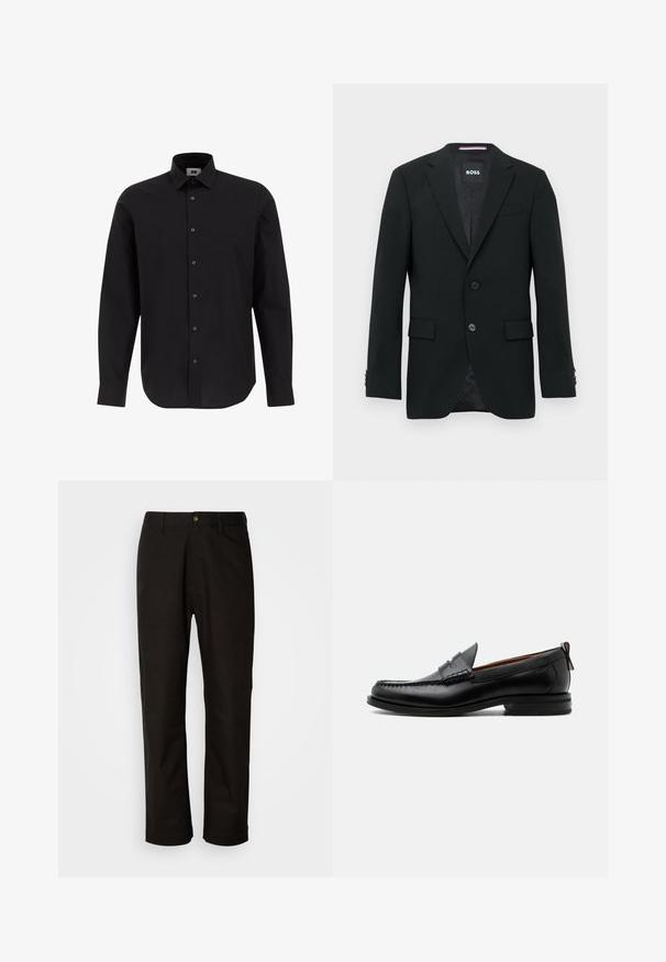 Blazer negro a medida con dos botones, solapas con muesca y bolsillos con solapa. Interior forrado con un sutil patrón texturizado. Etiqueta de la marca: BOSS.; Camisa negra de manga larga y botonadura frontal, hecha de tejido entrelazado, con cuello clásico, dobladillo recto y botones negros en el frente.; Pantalones de algodón negros con corte recto, presillas para el cinturón, cremallera frontal y un solo botón de cierre. Textura suave sin patrones visibles.; Mocasín de hombre de piel negra con costura moc toe, tira penny, cuello texturizado y tacón bajo apilado sobre fondo blanco.