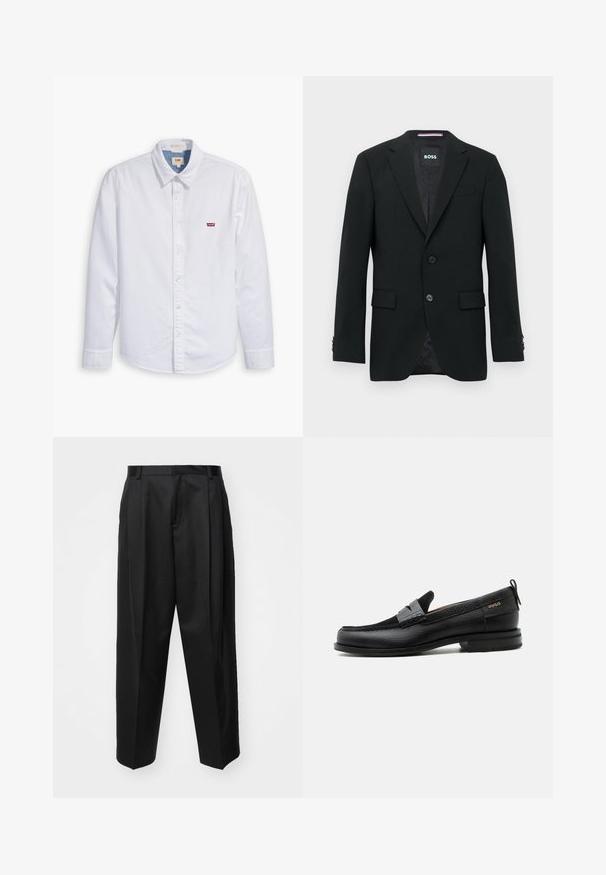 Schwarzer maßgeschneiderter Blazer mit zwei Knöpfen, Revers mit Kerbkragen und Pattentaschen. Gefüttertes Innenfutter mit einem dezenten Strukturmuster. Markenlabel: BOSS.; Weißes, langärmliges Hemd mit Knopfverschluss aus Baumwolle. Verfügt über einen spitzen Kragen und ein kleines rotes Levi's-Logo auf der linken Brust. Glatte Textur.; Schwarze, taillierte Hosen mit hoher Taille, weitem Bein und scharfen Falten. Aus glattem Stoff gefertigt, mit Gürtelschlaufen und ohne sichtbare Beschläge.; Schwarzer Lederloafer mit grauem Riemendetail, niedrigem Absatz und strukturierter Sohle, seitlich mit „HUGO“ in Gold gebrandmarkt.