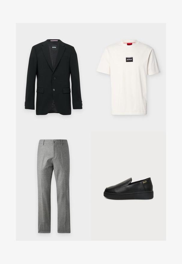 Zwarte op maat gemaakte blazer met twee knopen, ingesneden revers en klepzakken. Gevoerd interieur met een subtiel textuurpatroon. Merklip: BOSS.; Witte T-shirt met korte mouwen en ronde hals, met een kleine zwarte rechthoekige patch en witte "HUGO" tekst op de borst.; Grijze textuur broek met een rechte pijp ontwerp, voorzien van een voorste knoop- en ritssluiting. Subtiele visgraatpatroon detail.; Zwart leren instapschoenen met dikke zool en kleine ventilatiegaatjes aan de zijkant, met het gouden "HUGO"-logo nabij de hak.