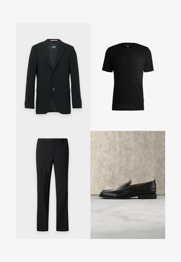 Blazer noir ajusté avec deux boutons, cols crantés et poches à rabat. Intérieur doublé avec un motif texturé subtile. Étiquette de la marque : BOSS.; T-shirt noir à manches courtes en tissu texturé avec un col rond. Présente une étiquette de logo sur le côté inférieur.; Pantalons noirs ajustés avec une coupe droite, présentant une texture lisse, un devant plissé et une taille classique pour un look formel.; Mocassin pour homme en cuir noir avec un dessus embossé effet croco et un petit talon, présenté de profil sur un fond neutre.