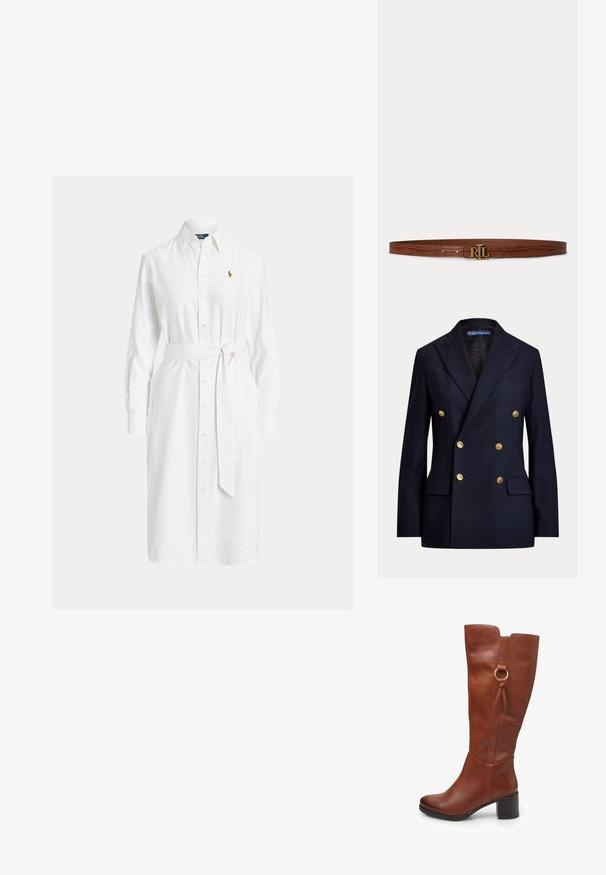 Marineblå dobbeltradet blazer med guldknapper og slidser i reverset, med klaplommer og Polo by Ralph Lauren label inde i kraven.; Hvid skjortekjole med lange ærmer, krave, bælte i taljen og lille broderet logo på venstre bryst.; Brun læder knæhøj støvle med rundet tå, chunky hæl, sides lynlås og dekorativ ringdetalje nær toppen. Glat tekstur.; Brunt læderbælte med krokodillestruktur og guldfarvet RL-logo spænde, vist fladt på en lys baggrund.