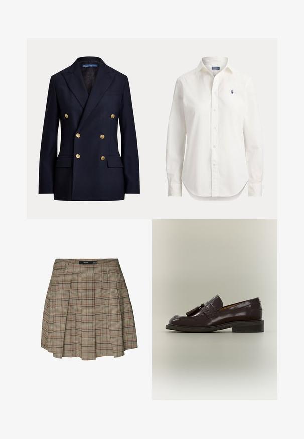 Veste bleu marine croisée avec boutons dorés et revers à encoche, dotée de poches à rabat et d'une étiquette Polo by Ralph Lauren à l'intérieur du col.; Chemise blanche à manches longues avec boutons, col et petit logo bleu d’un joueur de polo sur la poitrine gauche.; Vero Moda VMELLIE Mid waist Mini - Jupe trapèze - silver mink; Mocassin en cuir marron foncé avec pampilles, talon bas et semelle cousue, montré de profil sur un fond neutre.