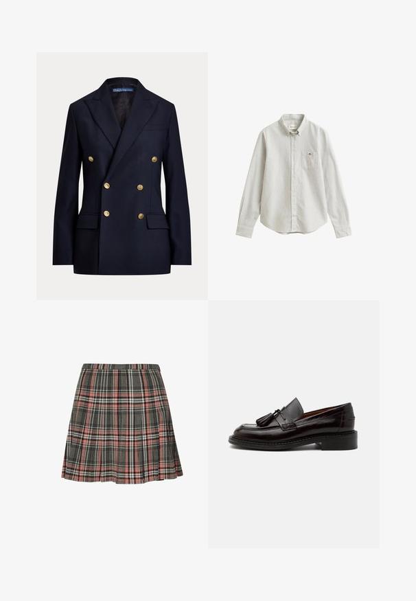 Marineblå dobbeltradet blazer med guldknapper og slidser i reverset, med klaplommer og Polo by Ralph Lauren label inde i kraven.; Langærmet, lysegrå skjorte med knapper, tynde lodrette striber og en brystlomme med en lille broderet logo.; Rutnederdel i grå og pink med plisseret design og sorte og hvide accenter. Fremstillet af vævet stof, midt på låret længde.; Mørkebrun læderloafer med duske, syningsdetaljer og en lav stablet hæl på en ensfarvet lys baggrund.