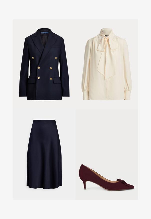 Marineblå dobbeltradet blazer med guldknapper og slidser i reverset, med klaplommer og Polo by Ralph Lauren label inde i kraven.; Langærmet bluse i cremefarve med høj krave og stor bundet sløjfe ved halsen, med rynkede skuldre og knapmanchetter.; Mørkeblå satin midi nederdel med glat tekstur, udvidet design og en tætsiddende talje, med et elegant og minimalistisk udseende.; Bordeaux ruskindpumpe med spids tå, lille hæl og en knytta sløjfe accentueret på vampsiden; glat tekstur og strømlinet design.