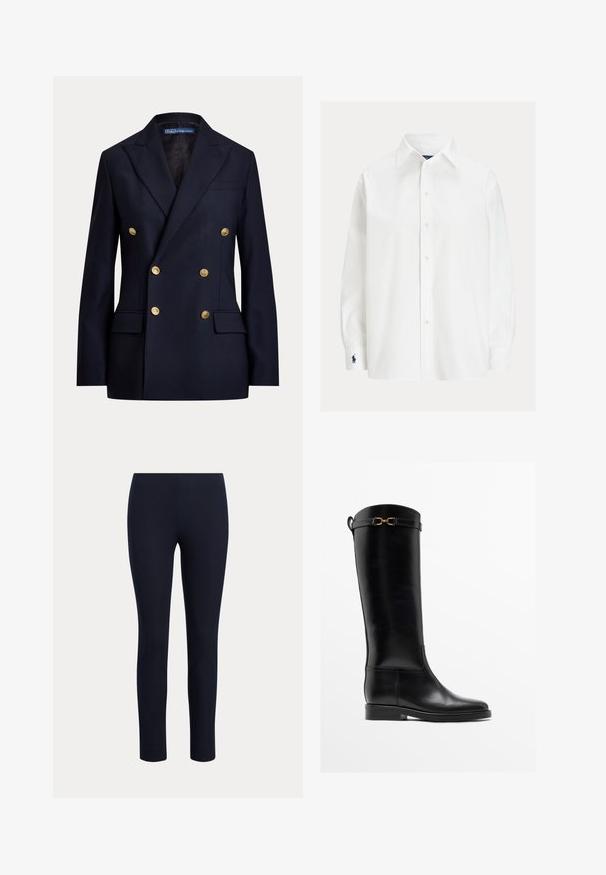 Veste bleu marine croisée avec boutons dorés et revers à encoche, dotée de poches à rabat et d'une étiquette Polo by Ralph Lauren à l'intérieur du col.; Chemise blanche à manches longues boutonnée avec col pointu et logo bleu marine brodé sur le poignet gauche.; Leggings bleu marine slim fit, longueur intégrale, taille haute, présentés sur un fond clair uni.; Botte haute en cuir noir avec un petit talon et un détail de boucle dorée près du haut, montrée de profil sur fond blanc.