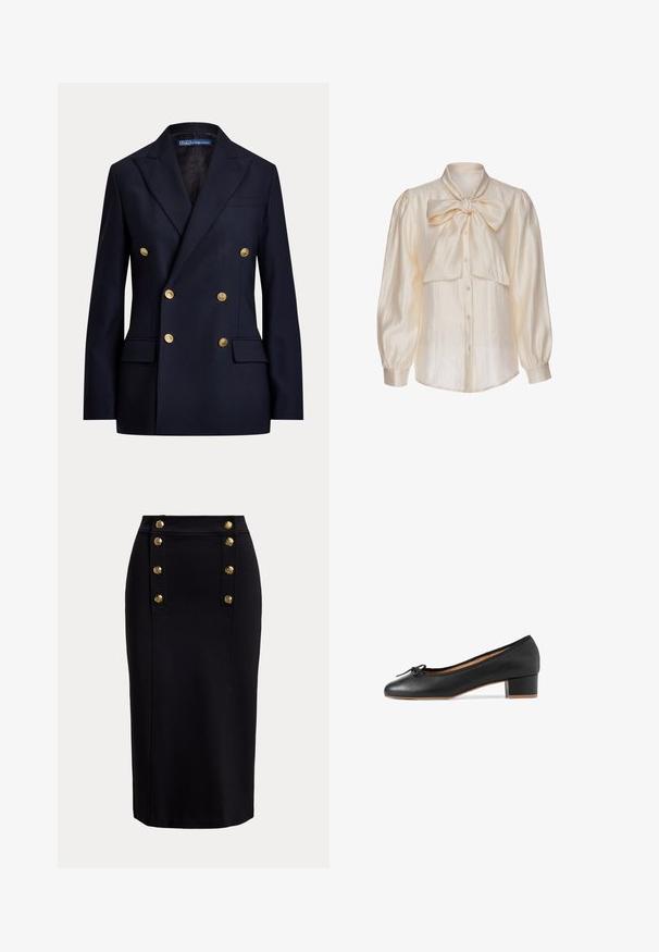 Marineblauwe dubbelgeknoopte blazer met gouden knopen en inkeping op de revers, met klepzakken en een Polo by Ralph Lauren label aan de binnenkant van de kraag.; Crèmekleurige satijnen blouse met lange opgepofte mouwen, knoopsluiting aan de voorkant en een grote gestrikte strik bij de kraag.; Zwarte knielange kokerrok met een verticaal voorpaneel en twee rijen van zes gouden decoratieve knopen.; Zwarte leren balletschoen met een ronde neus, kleine blokhak en een stoffen rand. Heeft een decoratieve strik op de neus.
