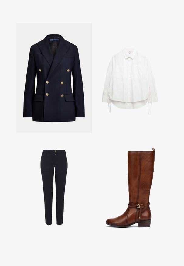 Marineblauwe dubbelgeknoopte blazer met gouden knopen en inkeping op de revers, met klepzakken en een Polo by Ralph Lauren label aan de binnenkant van de kraag.; Witte, blouse met lange mouwen, een kraag, een knoopsluiting aan de voorkant en verstelbare strikdetails bij de manchetten. Glad stof, comfortabele pasvorm.; Navyblauwe katoenen broek met een rechte pasvorm, voorzien van twee goudkleurige knopen en standaard riemlussen. Gladde textuur, geen patronen.; Bruine leren kniehoge laars met een ronde neus, zijgespelde accent en een chunky hak. Gestructureerd oppervlak en een decoratieve riemdetail.