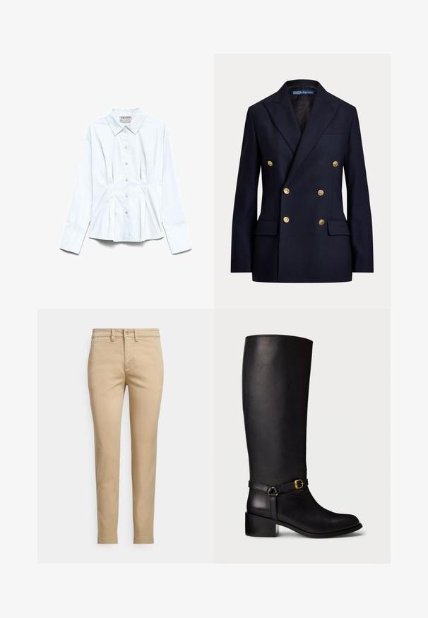 Veste bleu marine croisée avec boutons dorés et revers à encoche, dotée de poches à rabat et d'une étiquette Polo by Ralph Lauren à l'intérieur du col.; Chemise blanche à manches longues avec col pointu et plis subtils à la taille, présentée à plat sur un fond blanc.; Chinos en coton beige avec une coupe droite, dotés d'une fermeture à bouton, de poches avant et de détails cousus le long des coutures.; Botte en cuir noir montant jusqu'au genou, avec un petit talon carré et une sangle décorative dotée d'une petite boucle en or à la cheville.