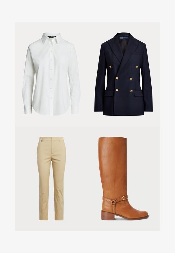 Marineblauwe dubbelgeknoopte blazer met gouden knopen en inkeping op de revers, met klepzakken en een Polo by Ralph Lauren label aan de binnenkant van de kraag.; Wit overhemd met lange mouwen en knopen, met een klassieke kraag en zichtbare knopen aan de voorkant, getoond op een effen achtergrond.; Beige broek met een straight-leg ontwerp. Gemaakt van gladde stof, met een standaard tailleband en subtiele zijnaad.; Hoge bruine leren laarzen met een gladde afwerking, voorzien van een zijkantgesp en een gestapelde hak. De schacht heeft een strakke, ongecompliceerde uitstraling.