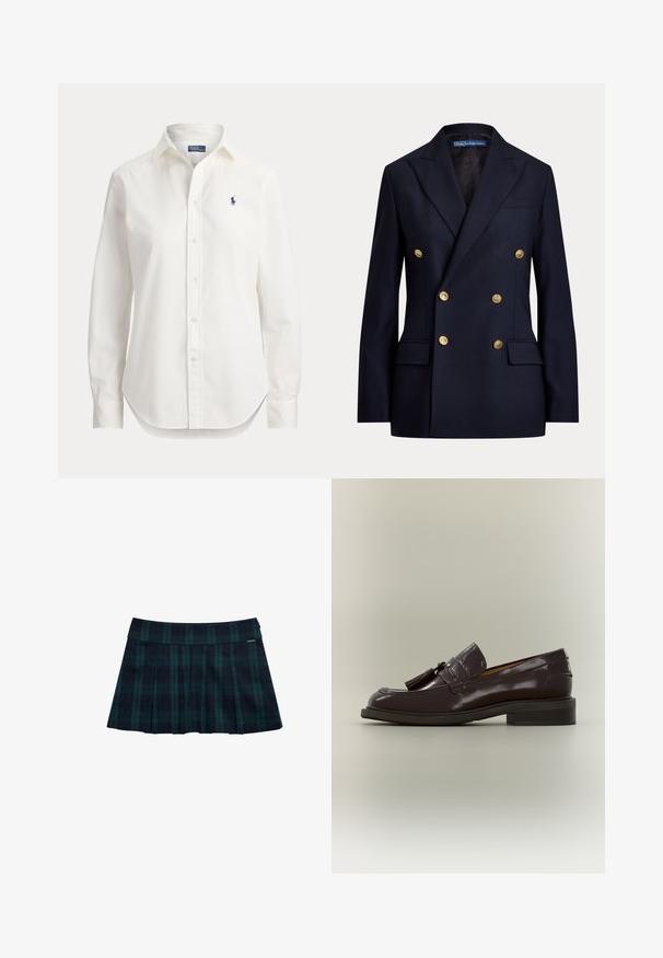 Marineblå dobbeltradet blazer med guldknapper og slidser i reverset, med klaplommer og Polo by Ralph Lauren label inde i kraven.; Hvid langærmet skjorte med knapper, krave og lille blåt logo af en polospiller på venstre bryst.; Rynket nederdel med tern i mørkegrøn og marineblå med en glat talje og logo-accent. Har et klassisk, lagdelt rynkedesign.; Mørkebrun læderloafer med frynser, lav hæl og synet sål, vist fra siden på en neutral baggrund.