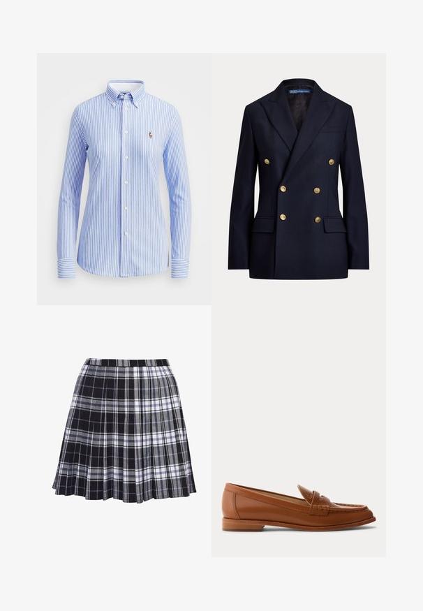 Blazer azul marino de doble botonadura con botones dorados y solapas con muesca, con bolsillos de solapa y etiqueta Polo de Ralph Lauren en el interior del cuello.; Camisa de botones a rayas azul claro y blanca con cuello, mangas largas y un pequeño logo bordado en la parte izquierda del pecho.; Falda plisada a cuadros en negro y gris con cintura, la textura del tejido es suave, presentando líneas horizontales y verticales de diferentes anchos.; Mocasín de cuero marrón con tacón bajo de madera, correa clásica para moneda y detalles cosidos a lo largo de la puntera y los laterales.