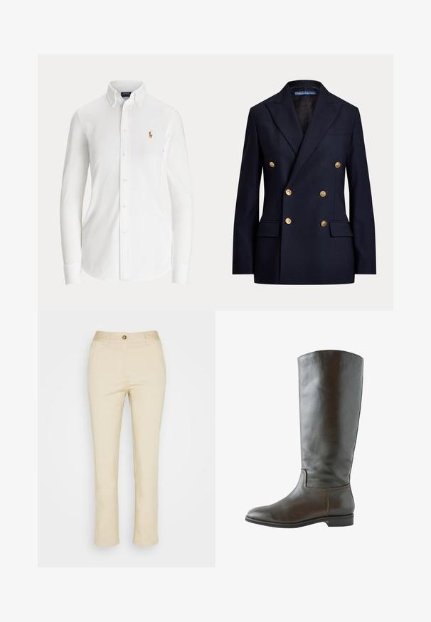 Tmavomodré dvojradové sako so zlatými gombíkmi a zárezovými klopami, s klopovými vreckami a štítkom Polo by Ralph Lauren vo vnútri goliera.; Biela košeľa s dlhým rukávom zapínaná na gombíky, golierom na gombíky a malým vyšitým logom hráča póla na hrudi.; Béžové bavlnené nohavice so rovnými nohavicami, s predným zapínaním na gombík a bočnými vreckami. Hladká textúra a minimálne detaily.; Hnedé kožené čižmy po kolená s hladkou textúrou, okrúhlou špičkou a minimálnymi detailmi šitia. Podrážka je plochá s nízkym opätkom.