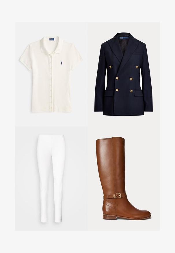 Tmavomodré dvojradové sako so zlatými gombíkmi a zárezovými klopami, s klopovými vreckami a štítkom Polo by Ralph Lauren vo vnútri goliera.; Polokošeľa z béžovej bavlny s krátkymi rukávmi, golierom a zapínaním na gombíky. Na hrudi má malú námornícku modrú logo.; Biele legíny vyrobené z elastického materiálu. Úzky strih s hladkou textúrou, postupne sa zužujúci pri členkoch bez viditeľných zapínaní alebo ozdôb.; Hnedá kožená čižma po kolená s malou zlatou prackou a logom "RL" na remienku pri členku, s plochým podpätkom a hladkým povrchom.