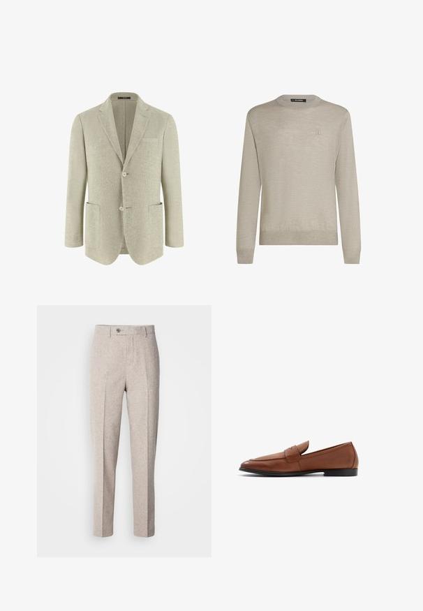 Blazer pour homme beige clair avec revers crantés, deux poches plaquées à l'avant et deux boutons, présenté sur un fond blanc.; Pull beige clair à col rond avec manches longues et broderie discrète du petit logo sur la poitrine gauche.; Pantalons en laine beige clair avec une texture lisse, coupe droite, plis sur le devant et fermeture à un bouton à la taille.; Mocassins en cuir marron avec une silhouette basse, un bout rond et des détails en couture sur le devant. Semelle noire solide avec une finition lisse.