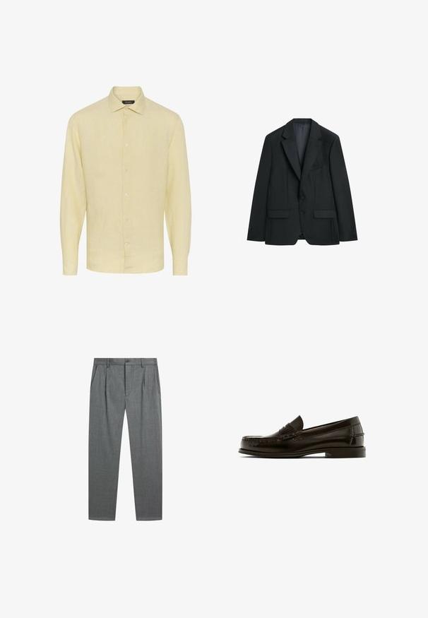 Sort skræddersyet blazer med notched revers, to forreste knapper, klaplommer og brystlomme, vist på en ensfarvet hvid baggrund.; Lys gul linned skjorte med lange ærmer og kravehalsudskæring samt knaplukning foran. Har et struktureret stof og lige kant.; Grå formelle bukser med frontfolder, sidelommer, bæltestropper og knaplukning i taljen mod en hvid baggrund.; Brune læderloafer med rund tå, dekorativ syning og lav hæl. Glat tekstur med minimal hardware og klassisk design.