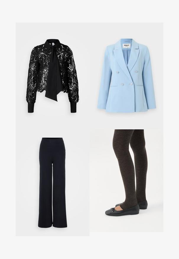 Heleroheline kahekarvaline bleiser hõbedaste nööpide, soonikkraede ja kahe eesmise taskuga.; Vero Moda Tall VMEDA SHORT BOW SHIRT - Pluus - black; Mustad ribad laiad püksid tekstureeritud viimistlusega ja elastse vöökohtadega, millel on lõdvema lõike ja nähtavate detailideta disain.; Jalad seljas tumedad soonelises soonelises kombines mustade baleriinadega, millel on väikesed paelade detailid valgel taustal.