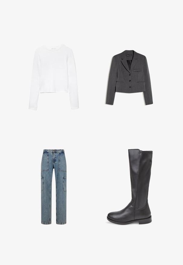 Mørkegrå skræddersyet blazer med tre sorte knapper, hakkrave, lange ærmer og to forlommer mod hvid baggrund.; Hvid langærmet cropped skjorte lavet af blødt stof, med rund halsudskæring og et enkelt, sømløst design uden pynt.; Lyseblå denim cargo bukser med en afslappet pasform, der har to store påsyede lommer og syninger. Klassisk knap- og lynlåslukning.; Sort læderstøvle til knæet med en glat tekstur, rundet tå og minimalistisk design. Har en robust sål og sidesyning.