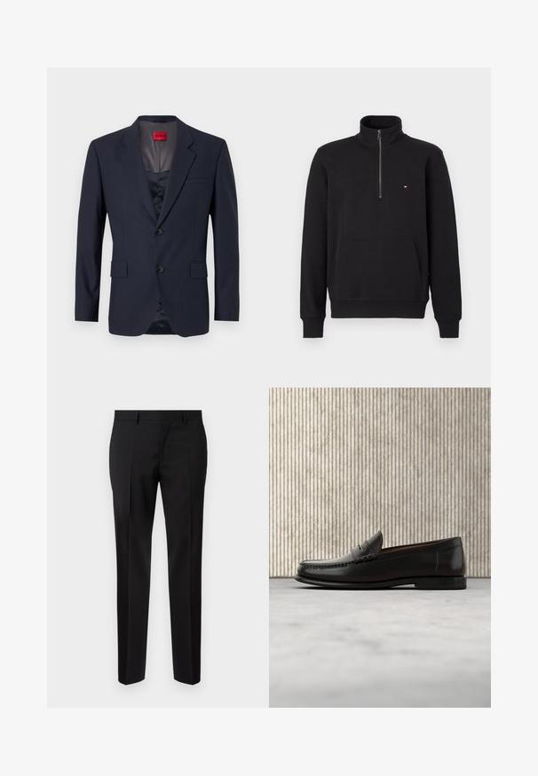 Marinblazer lavet af glat stof med enkelt brystdesign, to frontlommer og sorte knapper. Rød mærkeindlæg indeni.; Sort quarter-zip pullover sweatshirt med opretstående krave, kængurulomme, ribstrikkede ærmegab og et lille rødt, hvidt og blåt logo på brystet.; Sorte skræddersyede bukser lavet af glat stof, med lige ben, raffinerede folder og en klassisk talje med bæltestropper.; Sort læder penny loafer med lav hæl, rundet tå og syningsdetaljer langs fronten og siderne, vist på neutral baggrund.