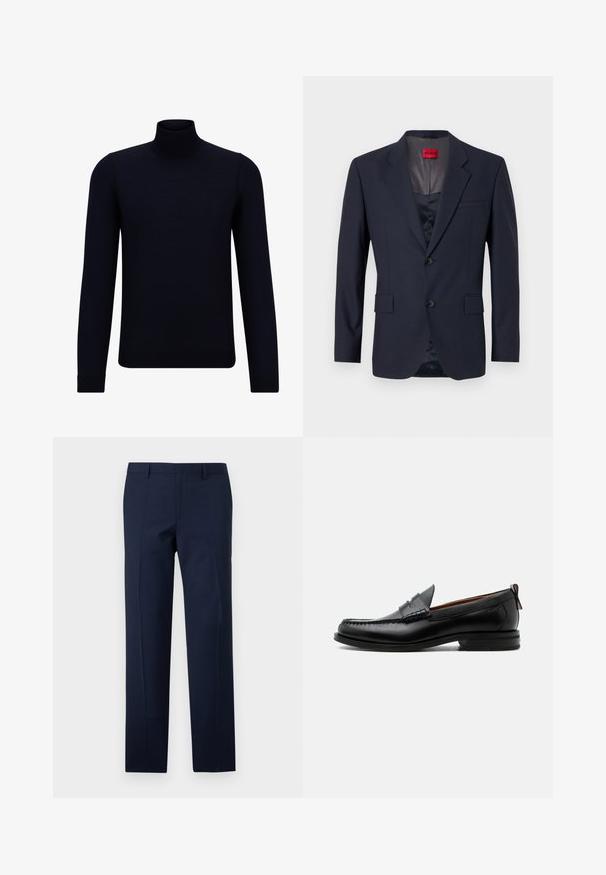 Blazer navy de tela suave con un diseño de un solo botón, dos bolsillos frontales y botones negros. Etiqueta de marca roja en el interior.; Suéter de cuello alto de un oscuro color navy, hecho de un tejido de punto fino, con mangas largas y un escote alto ajustado. Sin patrones ni acentos visibles.; Pantalones azul marino con un corte entallado, que presentan una textura suave, pliegues marcados y un diseño de frente plano. Cierre de cremallera oculta.; Mocasín de hombre de piel negra con costura moc toe, tira penny, cuello texturizado y tacón bajo apilado sobre fondo blanco.