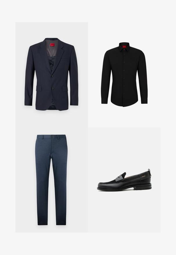 Blazer navy de tela suave con un diseño de un solo botón, dos bolsillos frontales y botones negros. Etiqueta de marca roja en el interior.; Camisa negra de manga larga con botón frontal, cuello clásico y dobladillo redondeado; cuenta con botones negros y un logotipo rojo en el interior del cuello.; Pantalones azul oscuro de tejido texturizado, con corte slim, frente plano y cierre de un botón en la cintura.; Mocasín de cuero negro con detalle de tira gris, tacón bajo y suela texturizada, con la marca "HUGO" en oro en el lateral.