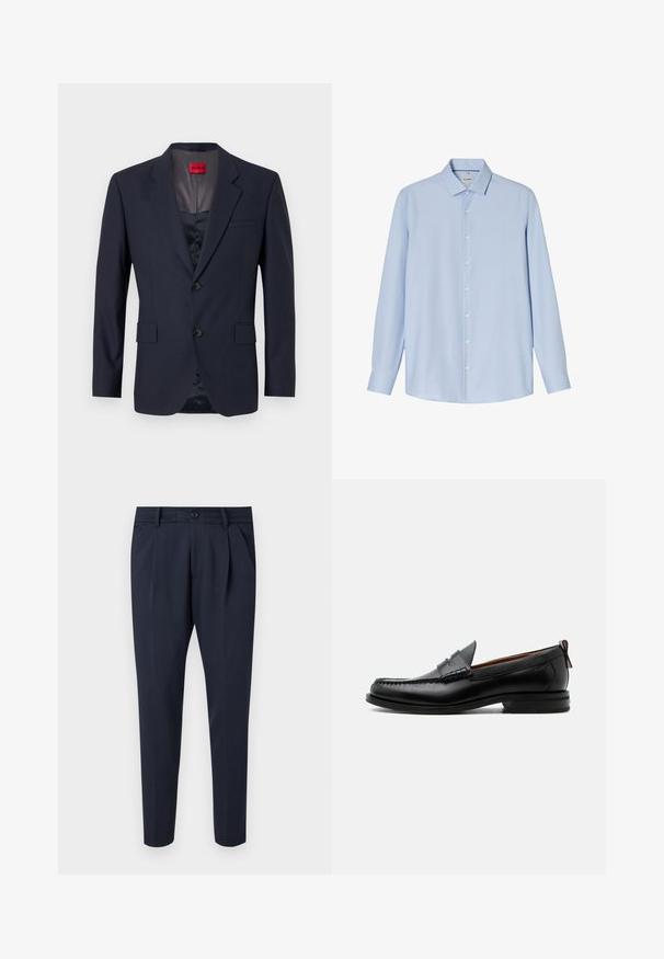 Navy Blazer aus glattem Stoff mit einreihiger Knopfleiste, zwei Vordertaschen und schwarzen Knöpfen. Rotes Markenlabel innen.; Hellblaues Hemd mit langen Ärmeln, Knöpfen, klassischem Kragen und geknöpften Manschetten, auf weißem Hintergrund dargestellt.; Hose aus glattem Stoff in Marineblau, mit Falten, einem Reißverschluss und Knopfverschluss, seitlichen Taschen und einem schmalen Beindesign.; Schwarzer Leder-Herrenschuh mit Mokassinnaht, Penny-Riemen, strukturiertem Kragen und niedrigem gestapeltem Absatz auf weißem Hintergrund.