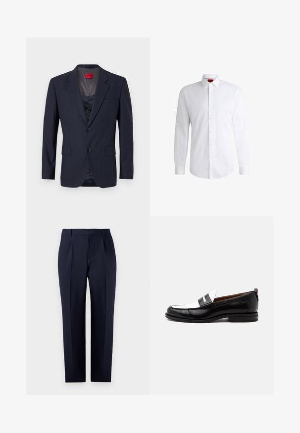 Navy Blazer aus glattem Stoff mit einreihiger Knopfleiste, zwei Vordertaschen und schwarzen Knöpfen. Rotes Markenlabel innen.; Weißes Herrenhemd aus glattem Stoff mit klassischem Kragen, langen Ärmeln und abgerundetem Saum. Mit eleganten beigen Knöpfen an der Vorderseite.; Marineblaue, maßgeschneiderte Hose aus strukturiertem Stoff, mit geradem Schnitt, Vorderfalten und einem klassischen Bund mit Gürtelschlaufen.; Schwarz-weißer Lederloafer mit genähten Details, niedrigem Absatz und einem Slip-On-Design, seitlich auf neutralem Hintergrund gezeigt.