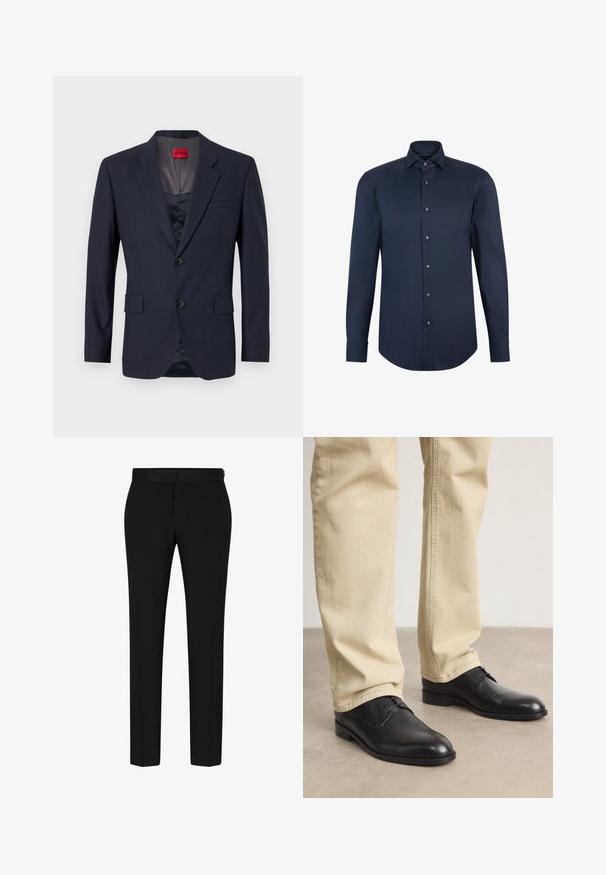 Navy Blazer aus glattem Stoff mit einreihiger Knopfleiste, zwei Vordertaschen und schwarzen Knöpfen. Rotes Markenlabel innen.; Marineblaue Langarmhemd mit Knopfleiste, aus glattem Stoff, mit spitzen Kragen, Frontblende mit sechs Knöpfen und abgerundetem Saum.; BOSS H GENIUS TUX 231 - Anzughose - black; Schwarze Leder Schnürschuhe mit runder Zehenform, glatter Oberfläche und dezenten Nähdetails, getragen mit hellbeigen Hosen.